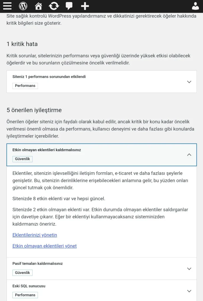 Wordpress güvenliği 6 wordpress site sağlığı, hatalar ekranı